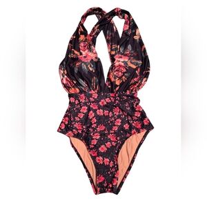 Anthropologie Allihop Zinnia Crossback Plunge One Piece Swimsuit Navy Size M